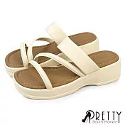 【Pretty】女 拖鞋 厚底 鬆糕 一字 吸震 EU36 米色