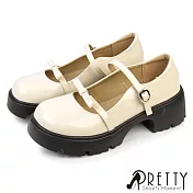 【Pretty】女 瑪莉珍鞋 小皮鞋 學院風 法式 復古 漆皮 粗跟 JP23 米色