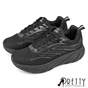 【Pretty】男 運動鞋 休閒鞋 綁帶 吸震減壓 輕量 厚底 JP25.5 黑色