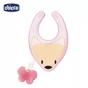 【Chicco】動物棉織圍兜附掛矽膠固齒器 粉
