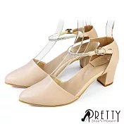 【Pretty】女 高跟鞋 宴會鞋 水鑽 粗跟 尖頭 台灣製 JP22.5 米色