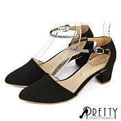 【Pretty】女 高跟鞋 宴會鞋 水鑽 粗跟 尖頭 台灣製 JP22.5 黑色