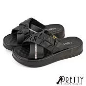 【Pretty】女 拖鞋 厚底 鬆糕 交叉 抓皺 水鑽 吸震 EU36 黑色