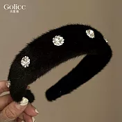 【Gulicc】髮箍 小香風水鑽絨毛寬版髮箍 (極致黑)