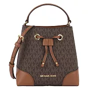 MICHAEL KORS 滿版LOGO拼接皮革水桶包-咖駝