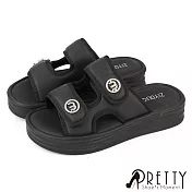 【Pretty】女 拖鞋 厚底 鬆糕 寬版 魔鬼氈沾黏式 水鑽 EU36 黑色