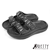 【Pretty】男 拖鞋 沙灘鞋 室內拖鞋 防水 輕量 二字 魔鬼氈沾黏式 足弓支撐 EU40 黑色