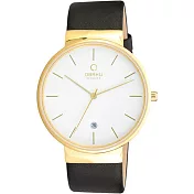 OBAKU 純粹經典三針日期時尚腕錶-黑帶金框白-皮帶
