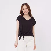 好我_軟綿棉V領扭結上衣T恤 M 黑