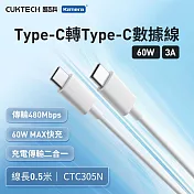 CUKTECH 酷態科 Type-C轉Type-C 60W 快充電傳輸數據線CTC305N 3A 白色 50cm PD快充線 適用手機筆電Switch三星/小米