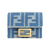 FENDI Baguette FF Logo 牛仔緹花布三折短夾(Micro) (藍色)