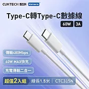 CUKTECH 酷態科 Type-C轉Type-C 60W 快充電傳輸數據線CTC315N (2入組) 3A 白色 150cm PD快充線