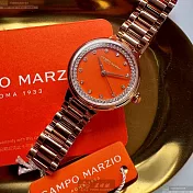 CAMPO MARZIO凱博馬爾茲精品錶,編號：CMW0030,28mm圓形玫瑰金精鋼錶殼橘色錶盤精鋼玫瑰金色錶帶