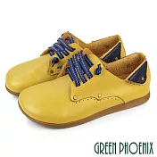 【GREEN PHOENIX】女 休閒鞋 平底鞋 饅頭鞋 懶人鞋 全真皮 免綁帶 直套式 撞色 台灣製 EU34 黃色