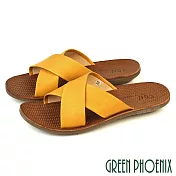 【GREEN PHOENIX】女 拖鞋 全真皮 寬版 交叉 平底 台灣製 S 黃色