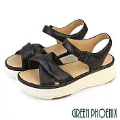 【GREEN PHOENIX】女 涼鞋 厚底涼鞋 楔型涼鞋 沾黏帶 扭結 輕量 羊皮 EU36 黑色