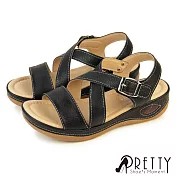 【Pretty】女 涼鞋 厚底涼鞋 小坡跟 沾黏帶 皮革 交叉 台灣製 EU37 黑色