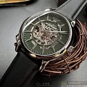 ARMANI阿曼尼精品錶,編號：AR00079,44mm圓形銀精鋼錶殼雙面機械鏤空錶盤真皮皮革深黑色錶帶