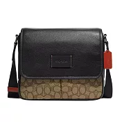 COACH 緹花拼接皮革翻蓋斜背包-卡其黑