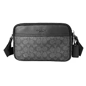 COACH 經典LOGO緹花皮革雙層斜背包 黑灰色