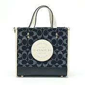 COACH 圓標LOGO牛仔拼接皮革兩用包-深藍配白