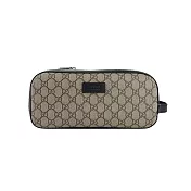 GUCCI GG Supreme 帆布及皮革雙拉鍊手拿包/洗漱包 (米色/黑色)
