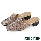 【GREEN PHOENIX】女 穆勒鞋 拖鞋 粗跟 水鑽 透膚 鏤空 紗網 EU36 卡其色