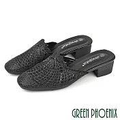 【GREEN PHOENIX】女 穆勒鞋 拖鞋 粗跟 水鑽 透膚 鏤空 紗網 EU36 黑色