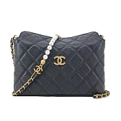CHANEL 經典雙C復古珍珠鍊 菱格紋荔枝牛皮流浪包(黑色)