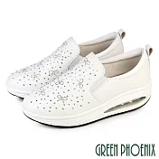 【GREEN PHOENIX】女 休閒鞋 健走鞋 懶人鞋 氣墊 水鑽 彈力 紓壓 真皮 EU38 白色