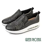 【GREEN PHOENIX】女 休閒鞋 健走鞋 懶人鞋 氣墊 水鑽 彈力 紓壓 真皮 EU36 黑色