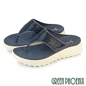 【GREEN PHOENIX】女 拖鞋 夾腳拖鞋 厚底 小坡跟 輕量 水鑽 彈力 吸震減壓 EU35 藍色