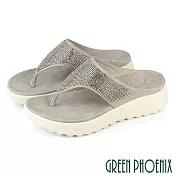 【GREEN PHOENIX】女 拖鞋 夾腳拖鞋 厚底 小坡跟 輕量 水鑽 彈力 吸震減壓 EU35 灰色