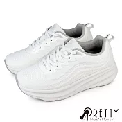 【Pretty】女 運動鞋 休閒鞋 健走鞋 綁帶 輕量 彈力 厚底 JP23 白色