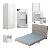 IDEA-歐文現代皮革雙人五尺寢室雪白五件組(多組可選.運費另計) 淺棕色床組/雙桿衣櫃(無抽屜)