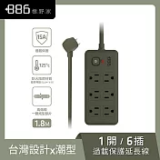 +886 [極野家] 1開6插雙排過載保護延長線1.8米 V2 HPS2160 (3色可選) 軍綠