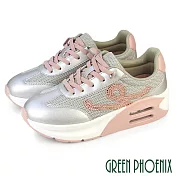 【GREEN PHOENIX】女 休閒鞋 氣墊鞋 懶人鞋 德訓鞋 厚底 免綁帶 輕量 顯瘦 水鑽 EU35 銀色