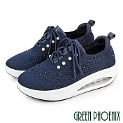 【GREEN PHOENIX】女 休閒鞋 氣墊鞋 厚底 襪套 飛編 綁帶 顯瘦 EU36 藍色