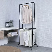 【H&R 安室家】多功能雙層衣架 洗衣籃滑輪推車 2色可選 BN141(髒衣籃/置物籃/收納架/置物架/掛衣架) 黑色