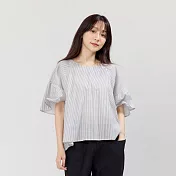 好我_Ashley圓領細褶連袖上衣 FREE 黑白細條