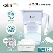 【kolin 歌林】日系窄身濾水壺2.5L+濾芯12入(共13芯/適用Brita) (白色)