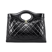 CHANEL 經典雙C LOGO 菱格紋亮面小羊皮購物包 黑色