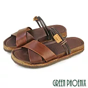 【GREEN PHOENIX】女 涼鞋 拖鞋 全真皮 兩穿 手工 平底 台灣製 EU35 棕色