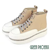【GREEN PHOENIX】女 休閒鞋 休閒靴 鬆糕 厚底 真皮 免綁帶 側拉鍊 JP22.5 杏色