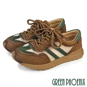 【GREEN PHOENIX】女 休閒鞋 厚底鞋 復古 仿舊 真皮 綁帶 JP23 綠色