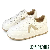 【GREEN PHOENIX】女 休閒鞋 小白鞋 真皮 綁帶 輕量 厚底 JP24.5 米色