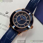 SWAROVSKI施華洛世奇瑞士錶,編號：SW00033,40mm圓形玫瑰金精鋼錶殼寶藍色錶盤真皮皮革寶藍錶帶
