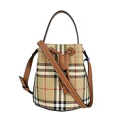 BURBERRY 格紋帆布及皮革迷你水桶包 (經典米色/石楠木棕)