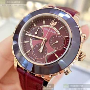 SWAROVSKI施華洛世奇瑞士錶,編號：SW00037,40mm圓形玫瑰金精鋼錶殼酒紅色錶盤真皮皮革酒紅色錶帶