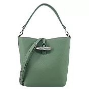 LONGCHAMP LE ROSEAU系列金屬竹節粒面牛皮兩用水桶包(迷你) 奧勒岡綠
